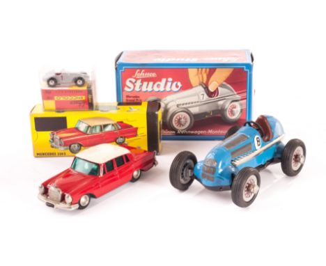 Various Schuco cars: 703 Piccolo Mercedes 2.5L, Studio 1050 Replica Old Timer, Micro Racer Mercedes 220S in red with cream ro