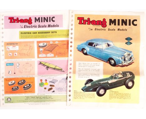 Tri-ang Minic Electric Cars 1/20 Scale Leaflets: a two page leaflet ref MO16/MP20070/1959 featuring cars and a single sheet r