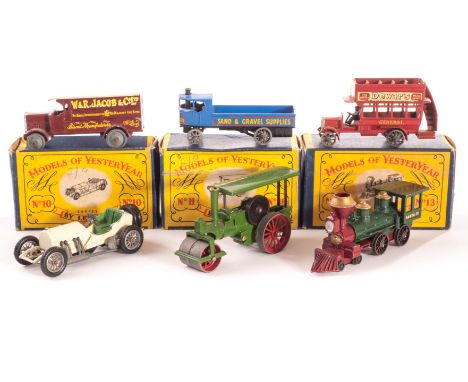 Early Matchbox Models Of Yesteryear, No.11 Aveling Steam Roller (3), one boxed, No.13 American 4-4-0, No.10 1908 Mercedes, in