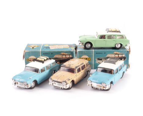 Tri-ang Spot-On No.183 Humber Super Snipe, four examples, first light green, E, second light blue, VG, lacks mirror, in origi