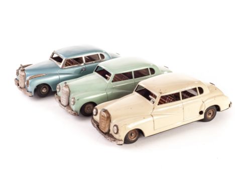 JNF Neuhierl (Germany) Mercedes-Benz 300, tinplate clockwork models, three examples, first light metallic blue, battery opera