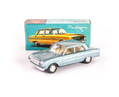 A Buby (Argentina) No.1020 Ford Falcon, light metallic blue body, off white interior, plastic chrome hubs, in original box, E