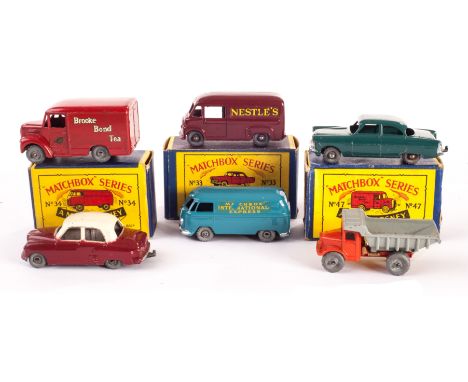 Matchbox 1-75 Series, 69 Nestle Van, GPW, 33 Ford Zodiac, MW, 47 Brooke Bond Trojan Van, MW, 34 Volkswagen, MW, 22 Cresta, MW