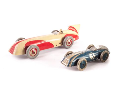 Early post-war Chad Valley clockwork Land Speed Racing Cars, No 10003, in cream and red, VG and No 3 in blue and silver, F 