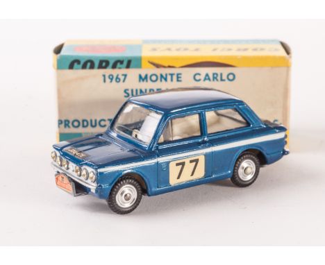 A Corgi Toys 340 Hillman Imp, in Monte Carlo Trim, metallic blue body, spun hubs, RN 77, in original box, E, box G-VG 