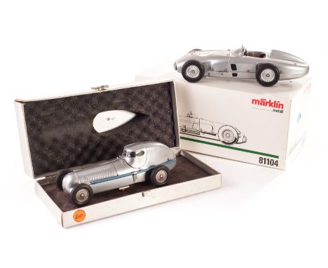 1995 Märklin Museum Model, 81104 Mercedes Benz W196, 1096 Silver Arrow Racing Car W25, tinplate clockwork models with silver 