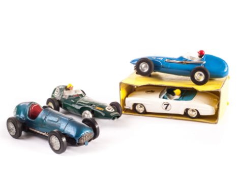 Early Tin and plastic Tri-ang Scalextric: blue tin Ferrari 4.5 litre and plastic Vanwalls in, blue (1) and green (1) and Merc