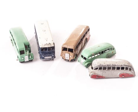 Dinky Toys 29b Streamlined Bus, four examples, light green body, green wheel covers (2), grey, blue covers, grey, red covers,