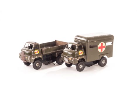 Tri-ang Minic Large Scale Military Vehicles: olive green Army Ambulance and Tipper trucks and RAF light blue Jeep, F, all lac