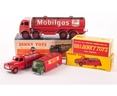 Dinky Toys Petrol Tankers, 504 Foden 14-Ton Tanker ‘Mobilgas’, 440 Petrol Tanker ‘Mobilgas’, 070 Dublo AEC Mercury Tanker ‘Sh