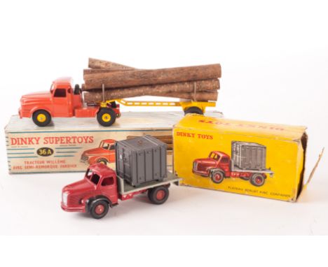 A French Dinky 36a Willeme Log Lorry, orange cab, yellow trailer, wooden logs, 34b Berliet Container Truck, red cab and chass