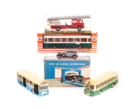 A Norev No.97 Magirus Fire Engine, No.98 Saviem Autobus, Depreux Plastic Car Wash, in original boxes, loose Minialuxe (2) and