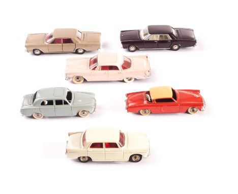 A French Dinky 1402 Ford Galaxie Sedan (2), metallic gold, dark red, 550 Chrysler Saratoga, pale pink, 24y Studebaker Command