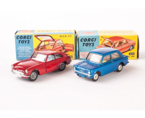 A Corgi Toys 327 MGB G.T, dark red body, light blue interior, spoked wheels, black luggage, 251 Hillman Imp, metallic blue bo