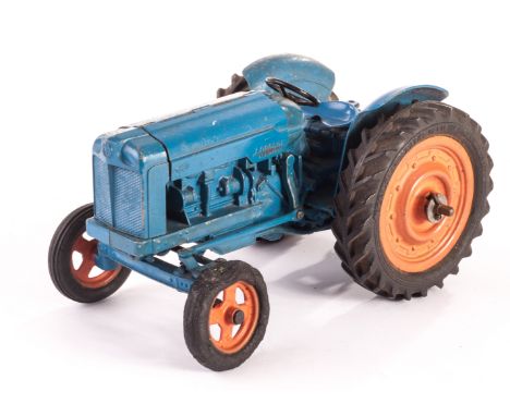 Chad Valley M59 New Fordson Major Tractor, mid blue body, orange hubs, clockwork motor, rubber tyres, G, one front tyre with 