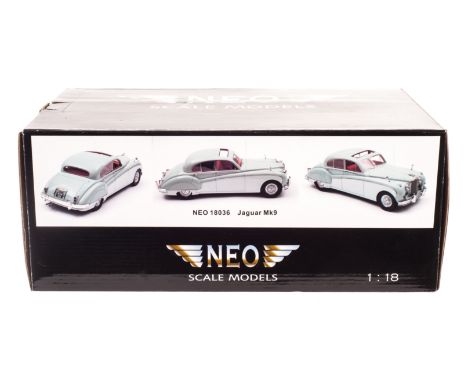 Neo Scale Models 1:18 Jaguar Mk9, 18036, light blue/white, in original box, E, box G-VG, lacks bolts to hold car in box 