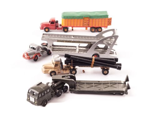 French Dinky 39a Unic Boilot Car Transporter, 36b Willeme Tractor & Closed Trailer, 39b Unic Sahara Pipe Transporter, 890 Ber