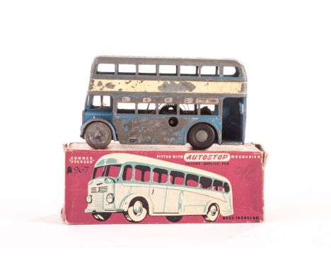 Chad Valley Wee-kin Toy Bus and Coach: repainted green Commer Avenger Coach, in original box and unboxed Double Decker bus, F