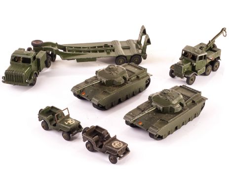 Dinky Toys 151a Medium Tank, 153a Jeep, flat bonnet, 152a Light Tank, 660 Tank Transporter, 651 Centurion Tank (2), 151b 6 Wh