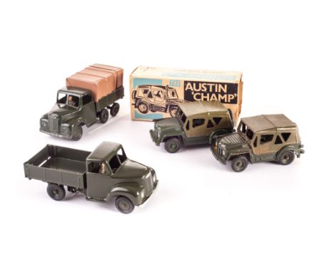 Britains post WW2 6 wheel army lorry, 4 wheel army lorry, Austin Champ (2), 1 boxed, generally G, box P (4) 
