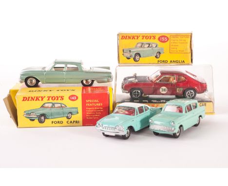 Ford by Dinky Toys, 148 Ford Fairlane, light metallic green, 155 Ford Anglia, 143 Ford Capri, 213 Ford Capri Rally Car, in or