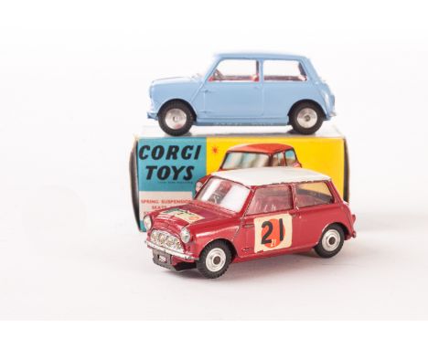 A Corgi Toys 333 Austin Mini Cooper Sun RAC Rally, red body, white roof, RN21, in original 225 box with white 333 label, G, b