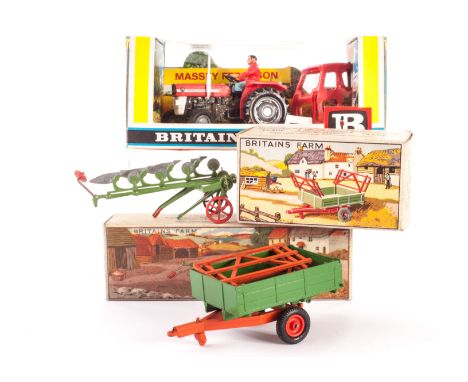 Britains 9529 Massey Ferguson Tractor, VG in VG box, 138F 4 Furrow plough and 130F Tipping Trailer, both VG, in G boxes (3) w
