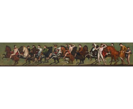 ENGLISH SCHOOL (19TH CENTURY)  CLASSICAL FRIEZE WITH FIGURES ON HORSEBACK, AFTER THE PARTHENON FRIEZE Oil on canvas 33 x 180c