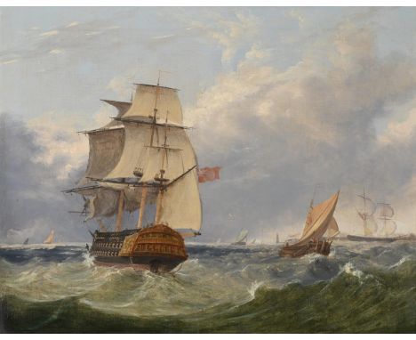 CIRLCE OF THOMAS BUTTERSWORTH (BRITISH 1768-1842) A BRITISH MAN-O-WAR IN CHOPPY SEAS  Oil on canvas 43.5 x 65cm (17 x 25½ in.