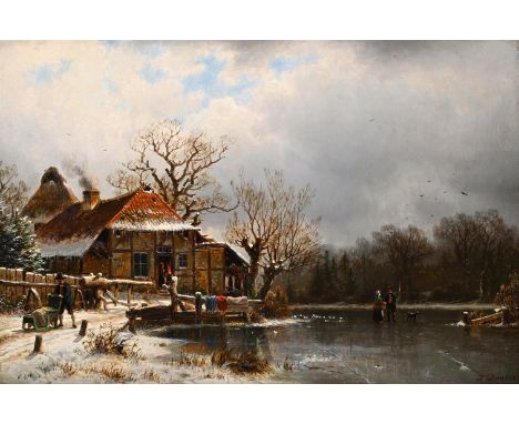 JOHANNES BARTHOLOMÄUS DUNTZE (GERMAN 1823-1895) A WINTER AFTERNOON WITH CLOUDY SKY Oil on panel Signed and dated '1876' (lowe