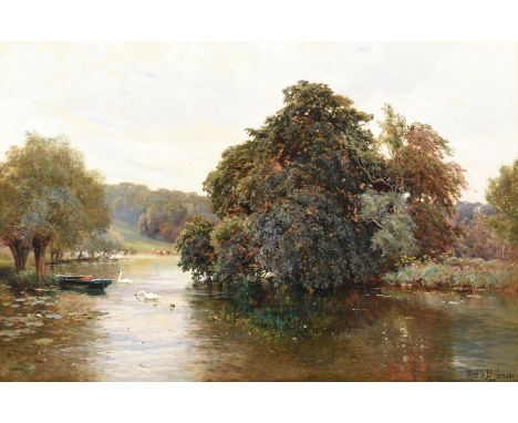 ALFRED DE BREANSKI (BRITISH 1852-1928) THAMES LANDSCAPE WITH SWANS Oil on canvas Signed and dated '1885' (lower right) and in