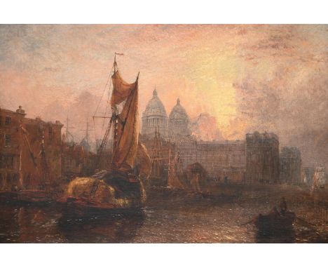CLAUDE T STANFIELD MOORE (BRITISH 1853 - 1901) HAY BARGE ON THE THAMES BEFORE THE ROYAL MUSEUMS, GREENWICH Oil on canvas Sign