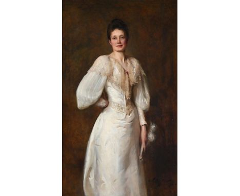 ARTHUR HACKER (BRITISH 1858-1919) PORTRAIT OF A LADY IN A WHITE DRESS Oil on canvas Signed and dated '92' (lower right) 149 x