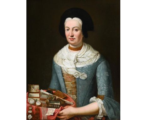FRANZ IGNAZ OEFELE-PIEKARSKI (GERMAN 1721-1779) PORTRAIT OF A LADY HOLDING A TRAY OF OBJETS DE VERTU Oil on canvas Signed and