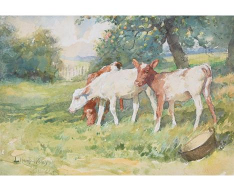 λ LUCY KEMP-WELCH (BRITISH 1869-1958) THREE CALVES IN AN ORCHARD Watercolour Signed (lower left) 23 x 33cm (9 x 12 in.)  Prov