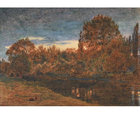 ALBERT GOODWIN (BRITISH 1845-1932) SUNSET THROUGH WOODLAND  Watercolour heightened with bodycolour Signed with monogram and d