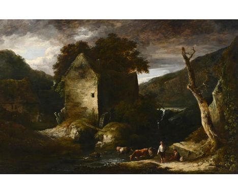 BENJAMIN BARKER OF BATH (BRITISH 1776-1838) A WOODED RIVER LANDSCAPE WITH DROVERS  Oil on canvas Signed and dated '1807' (low