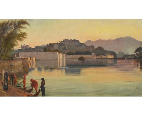 GEORGE HOWARD (BRITISH 1843 - 1911) UDAIPUR, INDIA Oil on board 19 x 35cm (7¼ x 13¾ in.)Provenance: Mrs C Wood Helen Beguin b