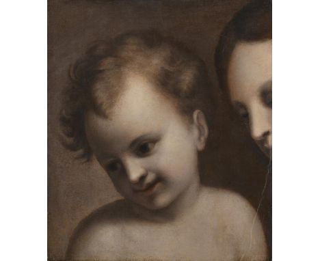 ITALIAN SCHOOL (18TH CENTURY)  HEAD OF THE CHRIST CHILD WITH THE VIRGIN OVERLOOKING  Oil on paper laid on panel, a fragment  
