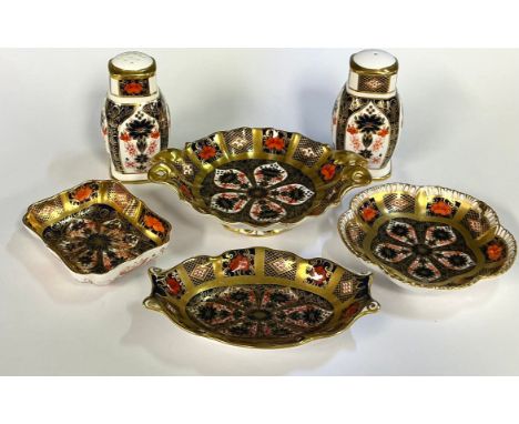 A Royal Crown Derby 1128 pattern salt and pepper pot, a/f; a 1128 pattern Duchess dish, solid gold band, a/f; others, trinket