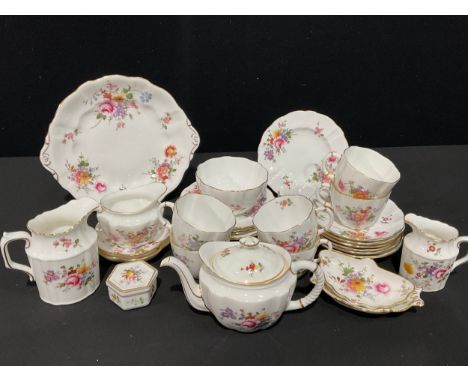 A Royal Crown Derby Posies pattern six setting tea set inc small teapot, cream and milk jugs, sugar bowl, cups, saucers, side