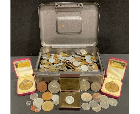 Numismatics – Steel cash box containing a large accumulation of mainly 20th century European, Chanel Is. and antipodean circu