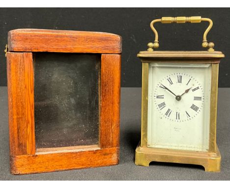 A French lacquered brass five glass carriage clock, ***, Paris, white enamel dial with Roman numerals, swing handle, 14cm hig