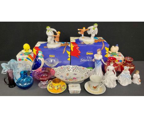 A Coalport The Snowman figure, The Adventure Begins, boxed; another,  Dancing At The Party, boxed; a pair of Mr Men figures, 