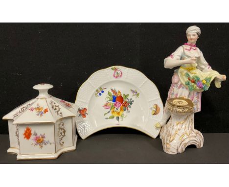 A 19th century KPM porcelain figure, of a fruit seller, 22cm high, faults; a Herend crescent shaped dish, printed and painted