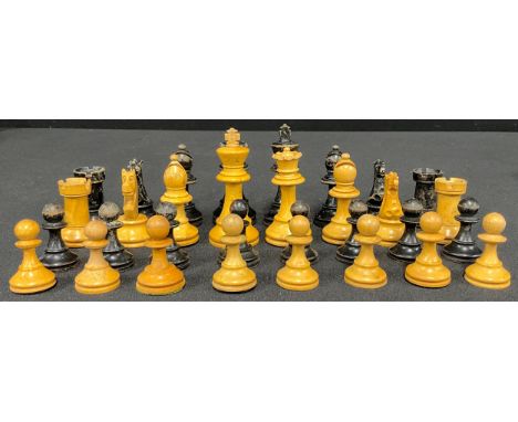 A boxwood and ebonised Staunton pattern chess, weighted bases, the Kings 8cm high
