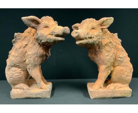 Garden Sculpture - a pair of terracotta finish garden ornaments, each modelled as a boar sejant, rectangular plinth bases, 53