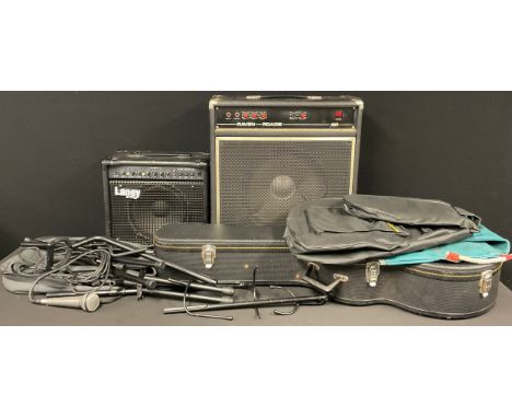 Musical Instruments - a Raven Roadie 50 bass guitar amplifier; a Laney Hardcore Max amplifier; an acoustic guitar hardcase; o