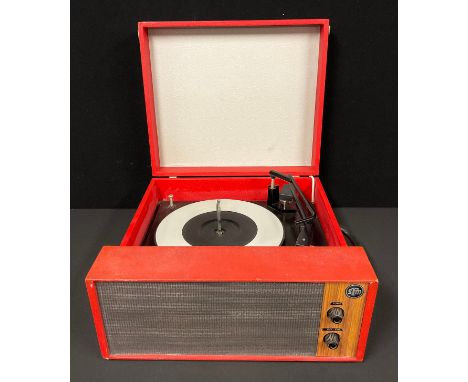 A 1960s Dansette type portable record player, by SRM, the side with integrated carry handle, the case 41.5cm x 39cm