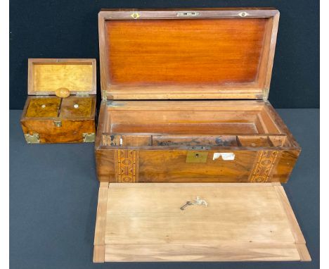 A Victorian walnut brass mounted Gothic Revival tea caddy; a Victorian Tunbridge ware mahogany marquetry inlaid writing slope